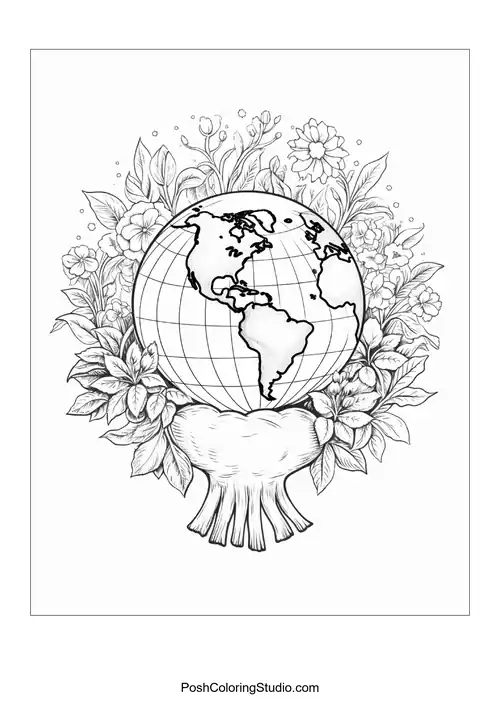A globe surrounded by leaves and flowers.