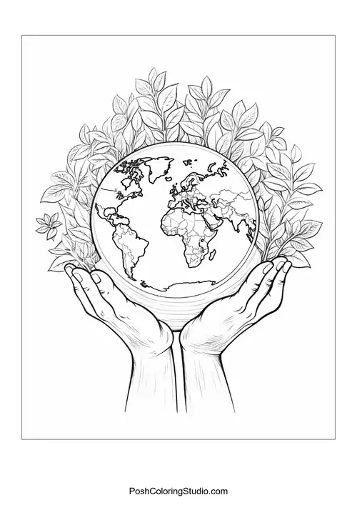 A globe held by hands surrounded by flowers.