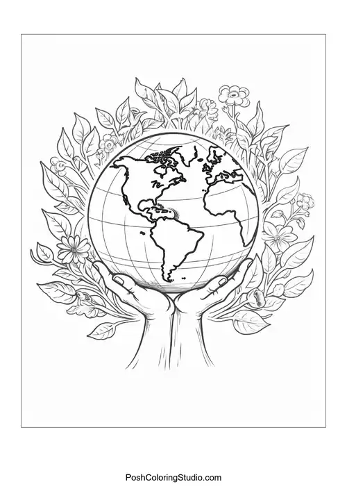 A globe surrounded by various plants and flowers.