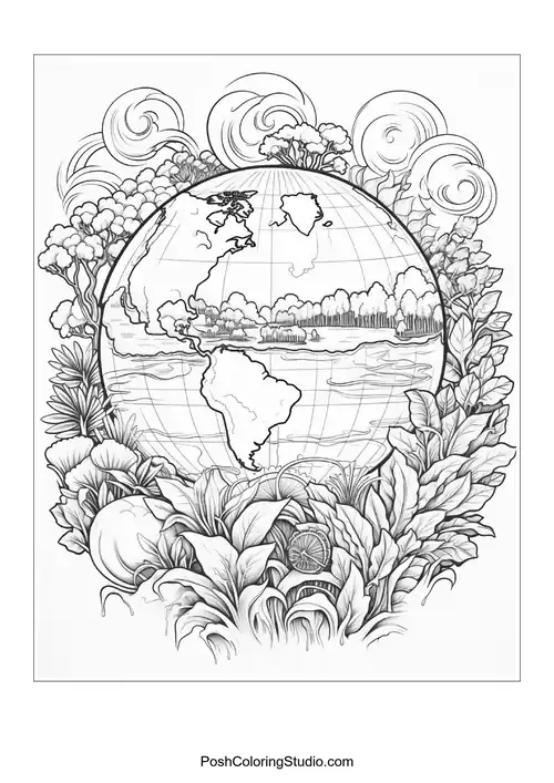 A globe surrounded by intricate floral designs.