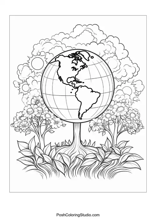 A tree with flowers and a globe at its center.