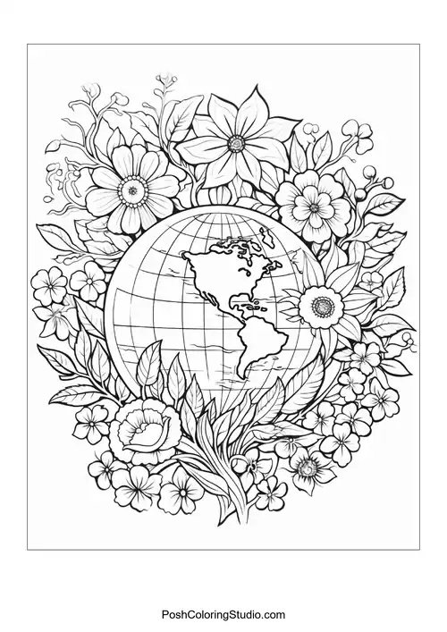 A woman with flowers in her hair holding a globe.