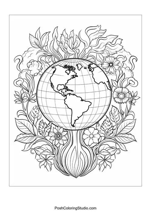 A globe surrounded by intricate flowers and leaves.