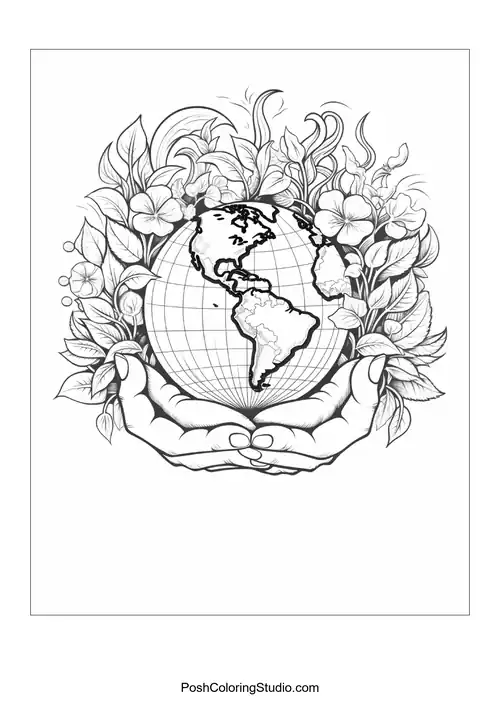 Hands cradling a globe surrounded by floral designs.