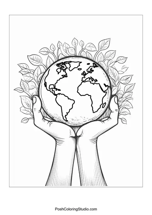 A globe held by two hands with leafy designs.