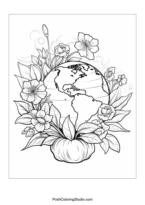 A globe resting on a pumpkin surrounded by flowers.