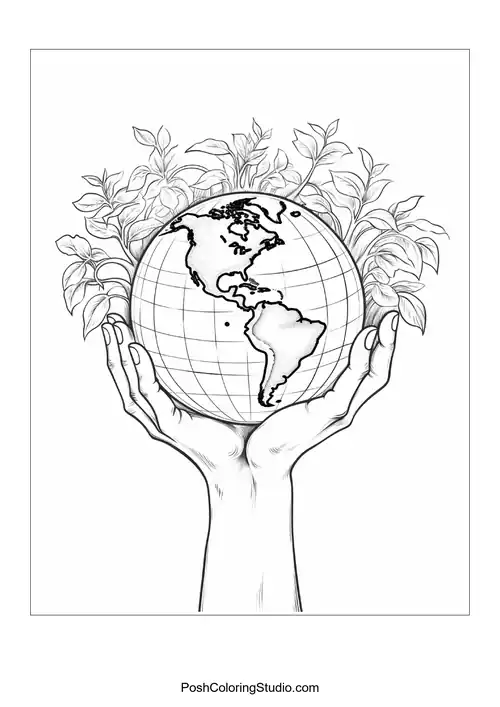 A globe held by hands with leafy branches.