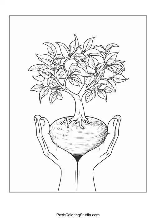 Hands holding a small tree with leaves.