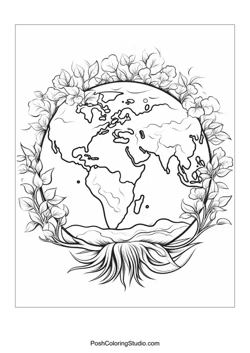 A globe surrounded by flowing floral designs.