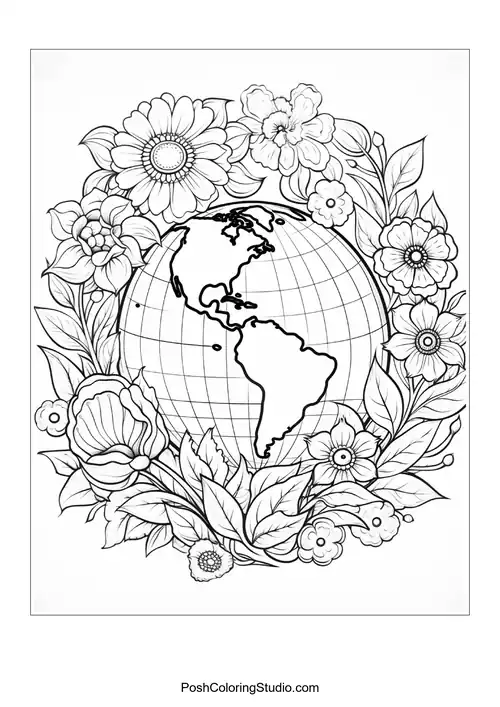 A globe encircled by various flowers and leaves.