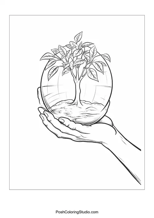A globe held by two hands surrounded by leaves.