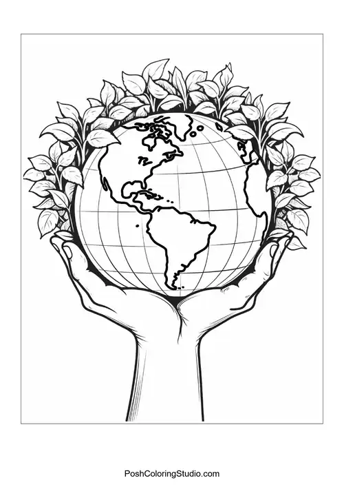 A globe held by hands with a leafy background.