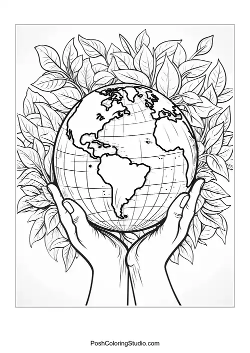 A globe surrounded by flowers and abstract shapes.