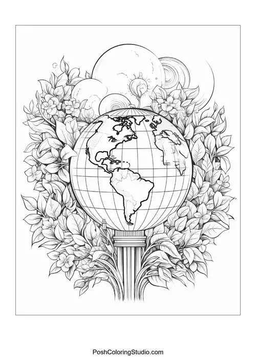A tree with a globe at its center and roots below.