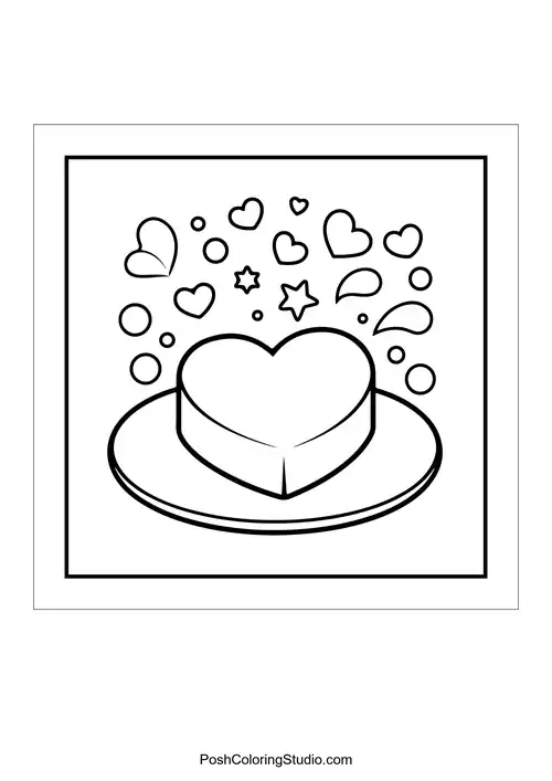 A heart-shaped cake on a plate with floating hearts.