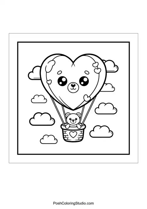 A bear in a heart-shaped hot air balloon with clouds.