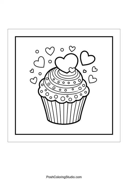 A cupcake topped with hearts and decorative swirls.