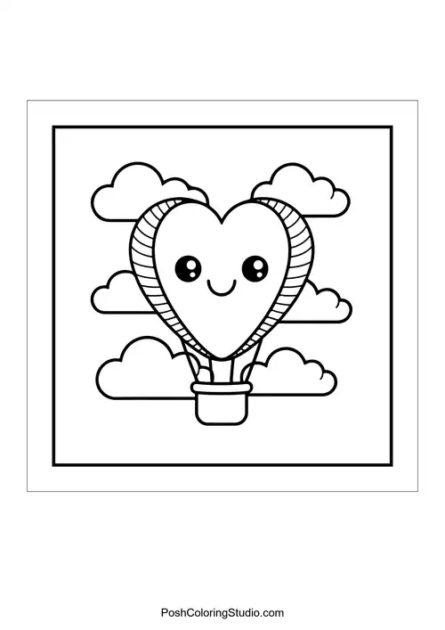 A smiling heart-shaped hot air balloon among clouds.