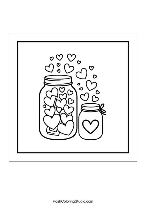 Two jars filled with hearts, one with a tied ribbon.
