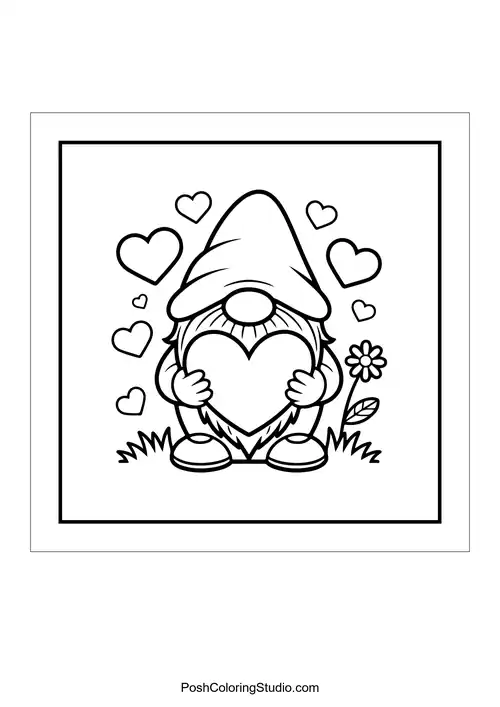A gnome holding a large heart surrounded by hearts.
