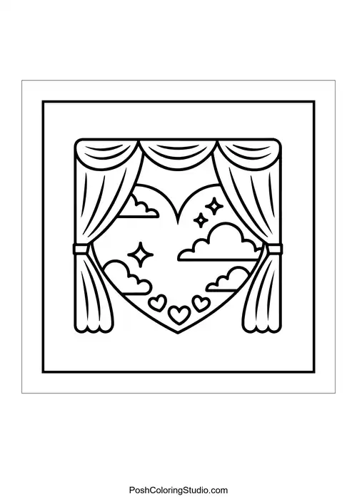 Curtains revealing a heart-shaped window with clouds.