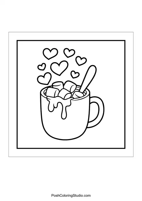 A mug with marshmallows and hearts floating above.