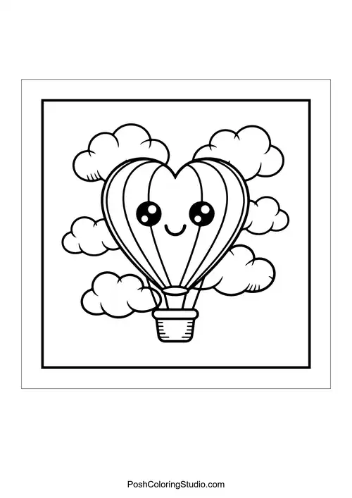 A heart-shaped hot air balloon with a smiling face.