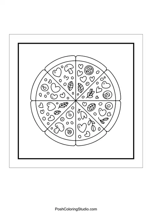 A pizza with heart-shaped toppings and decorative elements.