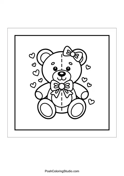 A teddy bear with a bow and hearts surrounding it.