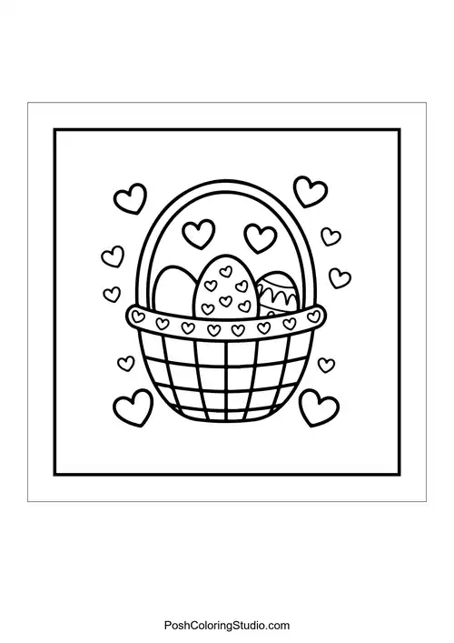 A basket filled with decorated eggs and hearts.
