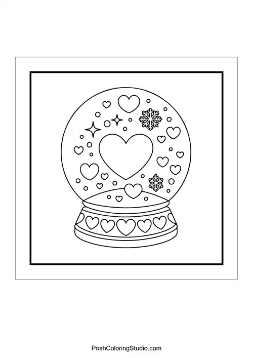 A snow globe with hearts and snowflakes inside.