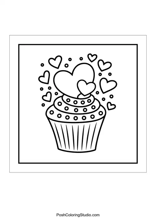 A cupcake topped with a heart and floating hearts.