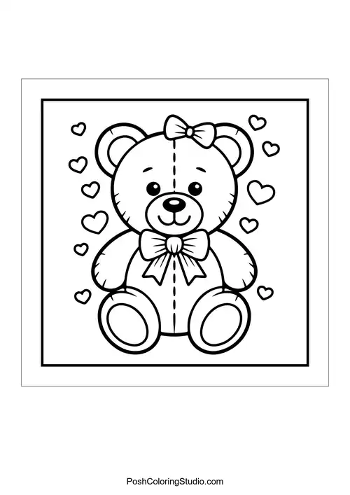 A cute teddy bear surrounded by small hearts.