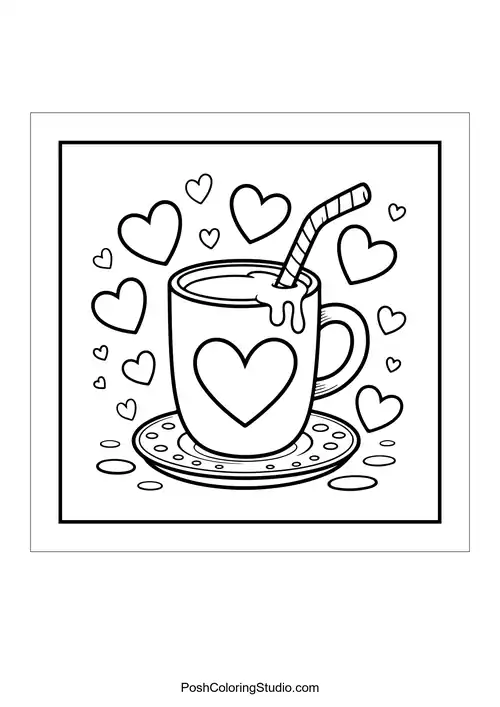 A mug with a heart design and a straw.