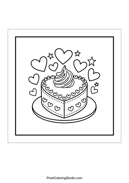A cake adorned with hearts and a swirl on top.