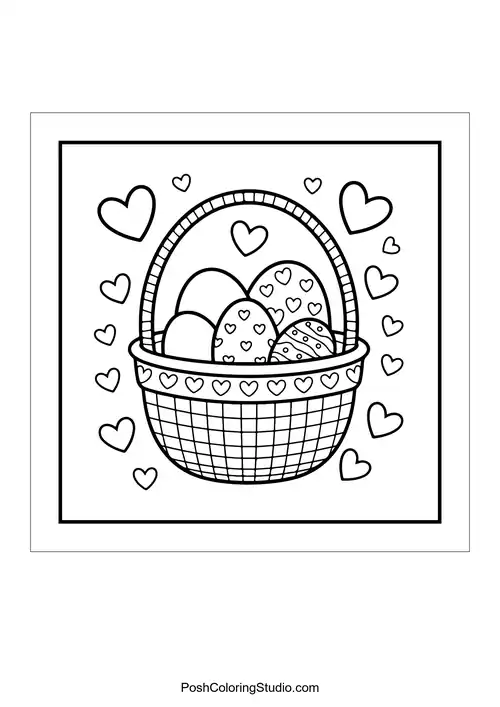 A basket filled with decorated eggs and hearts.