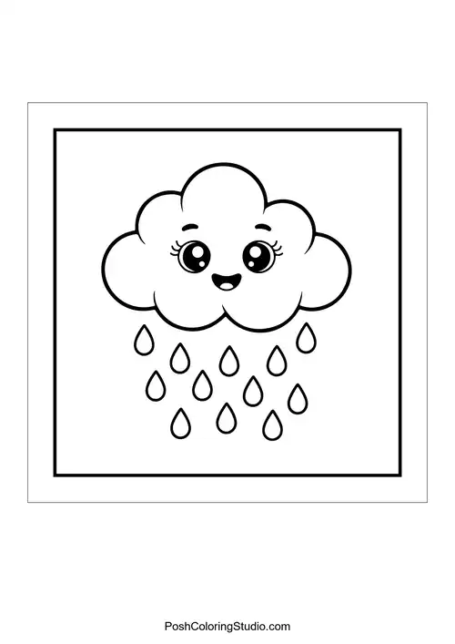 A smiling cloud with raindrops and a cheerful expression.
