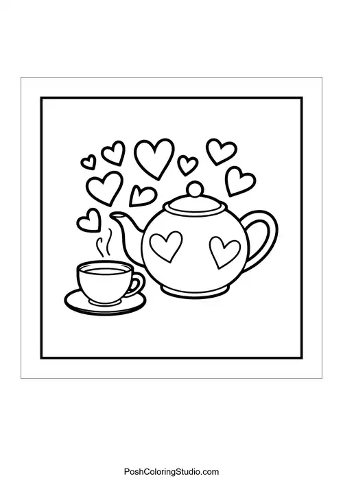 A teapot with a heart design and a cup.