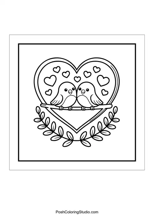 Two birds perched inside a heart surrounded by leaves.