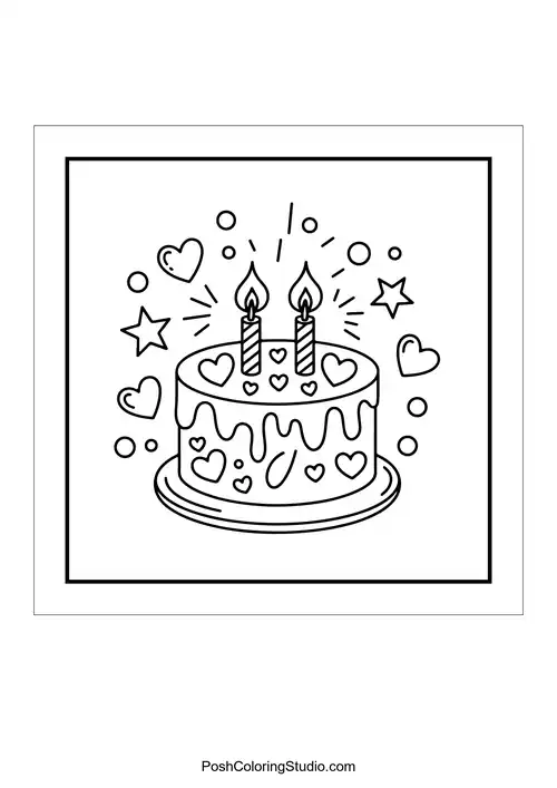 A birthday cake with candles and hearts around it.