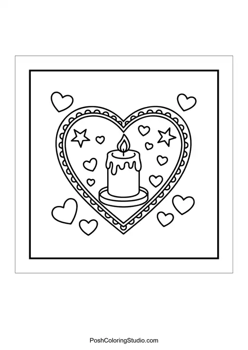 A heart-shaped candle surrounded by stars and hearts.