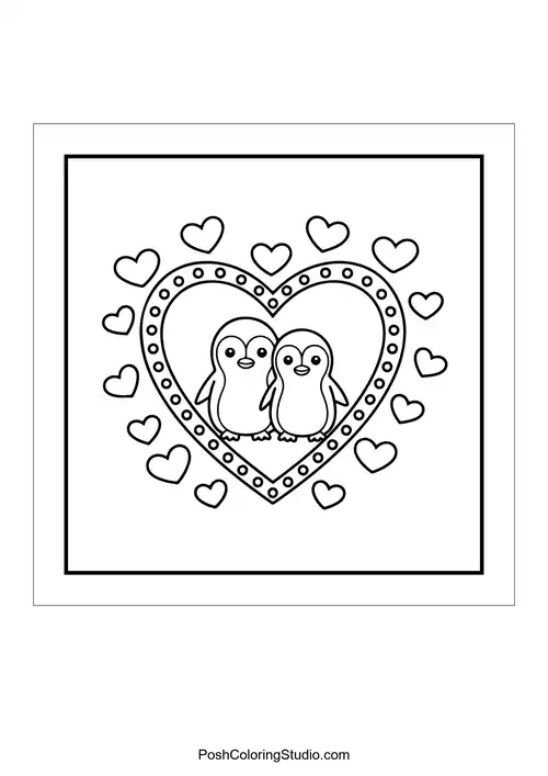 Two penguins inside a heart surrounded by dots.