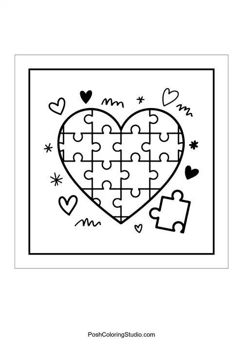 A heart made of puzzle pieces with stars around.