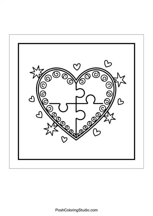 A heart-shaped puzzle with swirls and hearts.
