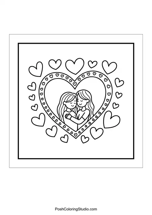 Two girls hugging inside a heart surrounded by hearts.