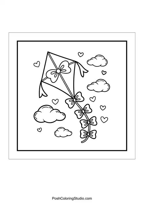 A kite decorated with bows flying among clouds.