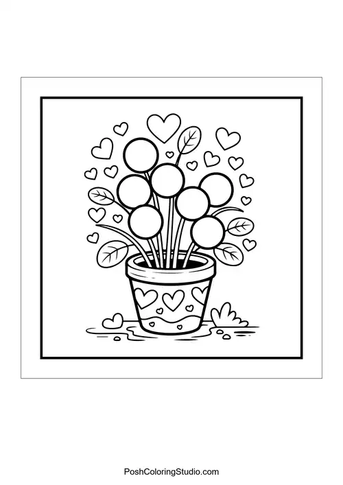 A flower pot filled with round flowers and hearts.