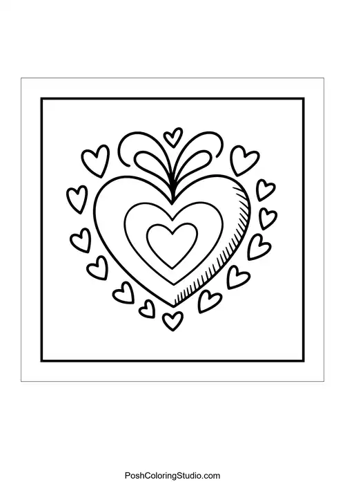 A heart surrounded by smaller hearts and swirls.