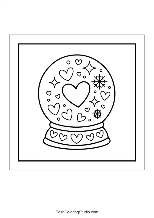 A snow globe filled with hearts and snowflakes.