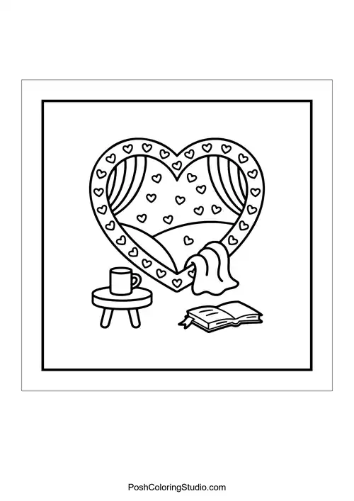 A heart-shaped window with curtains and a book.